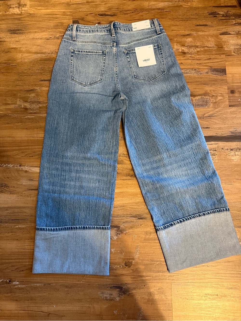 Vervet Women’s High-Rise Wide Leg Cuff Hem Jeans - Light Blue Wash Olivia - Picture 2 of 2